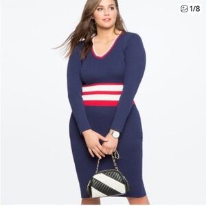 NWT Eloquii x Katie Sturino V-Neck Ribbed Varsity Colun Long Sleeve Dress | 12